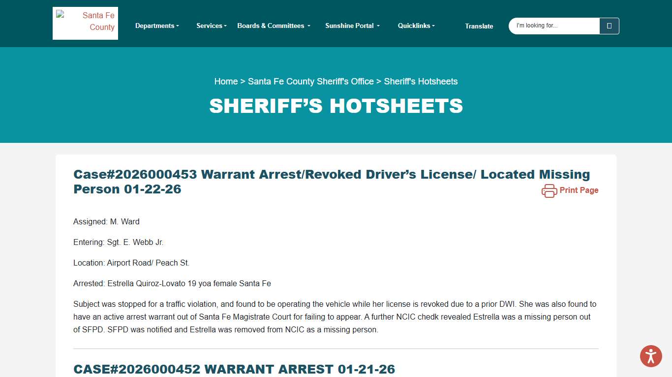 Sheriff’s Hotsheets Santa Fe County